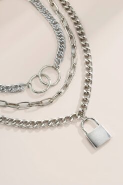 Wholesale Silver Color Lock and Ring 3 Layer Necklace