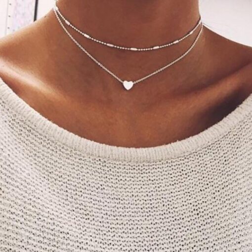 Wholesale Silver Color Choker Necklace Ball Chain Heart Pendant For Women