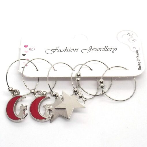 Wholesale Silver Color Red Enamel Crescent Figured Combination Earrings 650