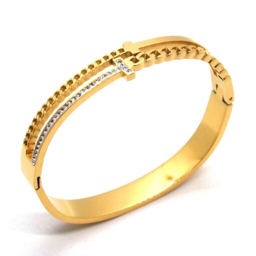 Wholesale Gold Colour Steel Chain Detailed Multi Stone Cuff Bracelet 673