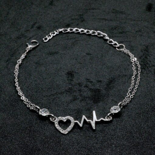 Bracelet double chaîne argenté motif cœur rythmé, vente en gros, 903