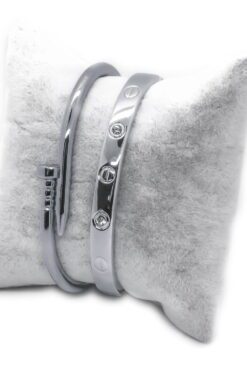 Toptan Gümüş Renk Çivi Ve Taşlı Cartier Bileklik Set 945