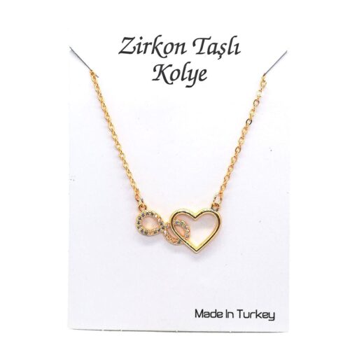 Toptan Altın Renk Zirkon Taşlı Kalp Sonsuzluk  Kolye  - 1119 – Image 2