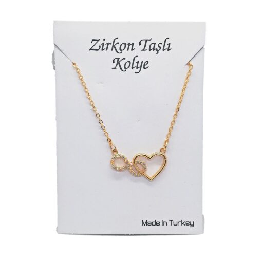 Toptan Altın Renk Zirkon Taşlı Kalp Sonsuzluk  Kolye  - 1119 – Image 3