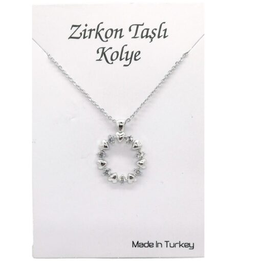 ⁦Toptan Gümüş Renk Zirkon Taşlı Yuvarlak Kalp Çelenk Beyaz Taşlı Kolye 940⁩ - الصورة ⁦4⁩