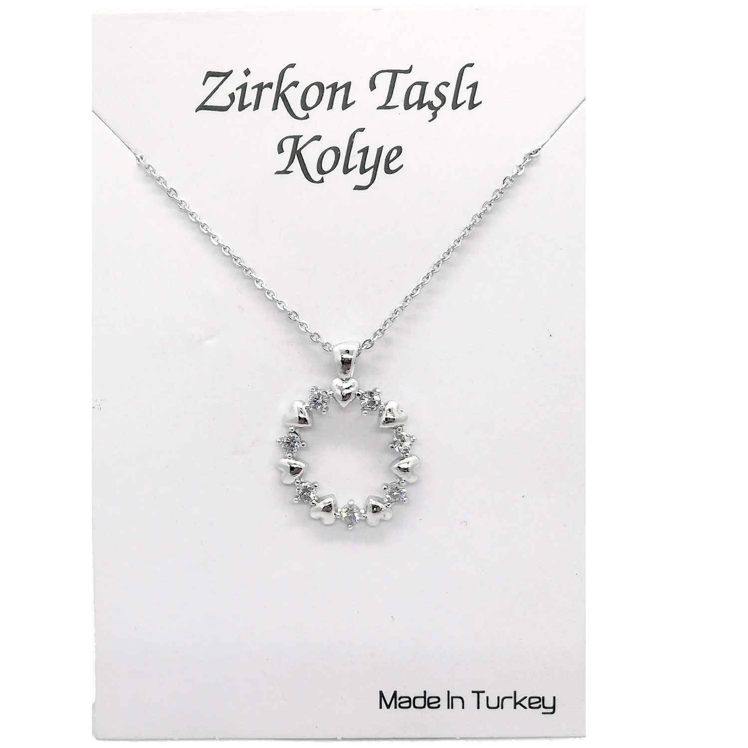 سلسال حجر الزركون الفضي اللون الفضي بالجملة قلادة قلب دائري على شكل قلب أبيض 940 4 Toptan Gümüş Renk Zirkon Taşlı Yuvarlak Kalp Çelenk Beyaz Taşlı Kolye 940 - الصورة 4