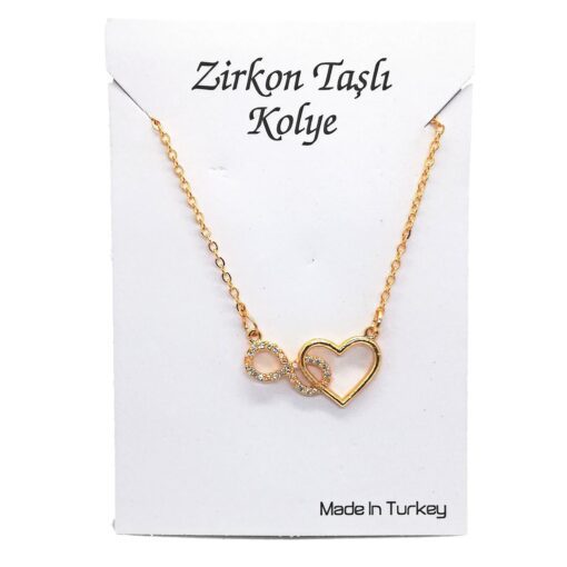 Toptan Altın Renk Zirkon Taşlı Kalp Sonsuzluk  Kolye  - 1119