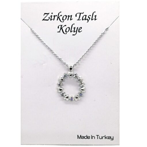 ⁦Toptan Gümüş Renk Zirkon Taşlı Yuvarlak Kalp Çelenk Beyaz Taşlı Kolye 940⁩ - الصورة ⁦5⁩