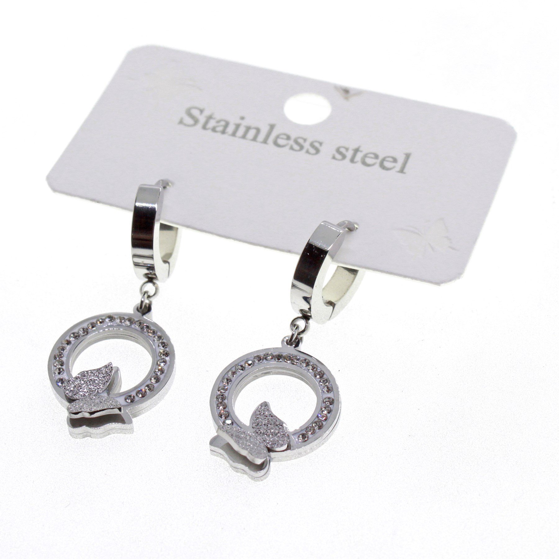 Toptan Gümüş Renk Yuvarlak Taşlı Kelebek Figürlü Çelik Küpe - 1598 2 Toptan Gümüş Renk Yuvarlak Taşlı Kelebek Figürlü Çelik Küpe - 1598 - الصورة 2