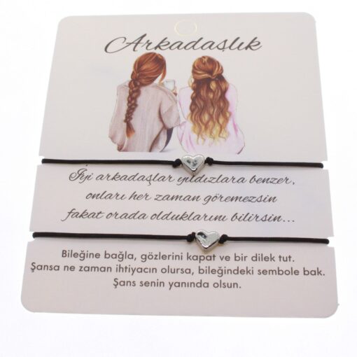 Toptan Gümüş Renk Siyah  İp Kalp Arkadaş  Bilekliği - 1603