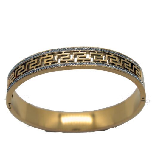Toptan Altın Renk Çelik Kalın Zirkon Taşlı Motif Kelepçe Bileklik - 1455 - Görsel 3