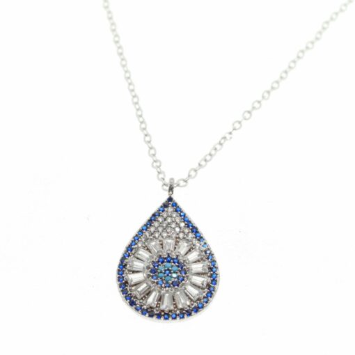 Collier en zircone argenté avec pendentif en forme de goutte et mauvais œil, modèle baguette, vente en gros - 2067
