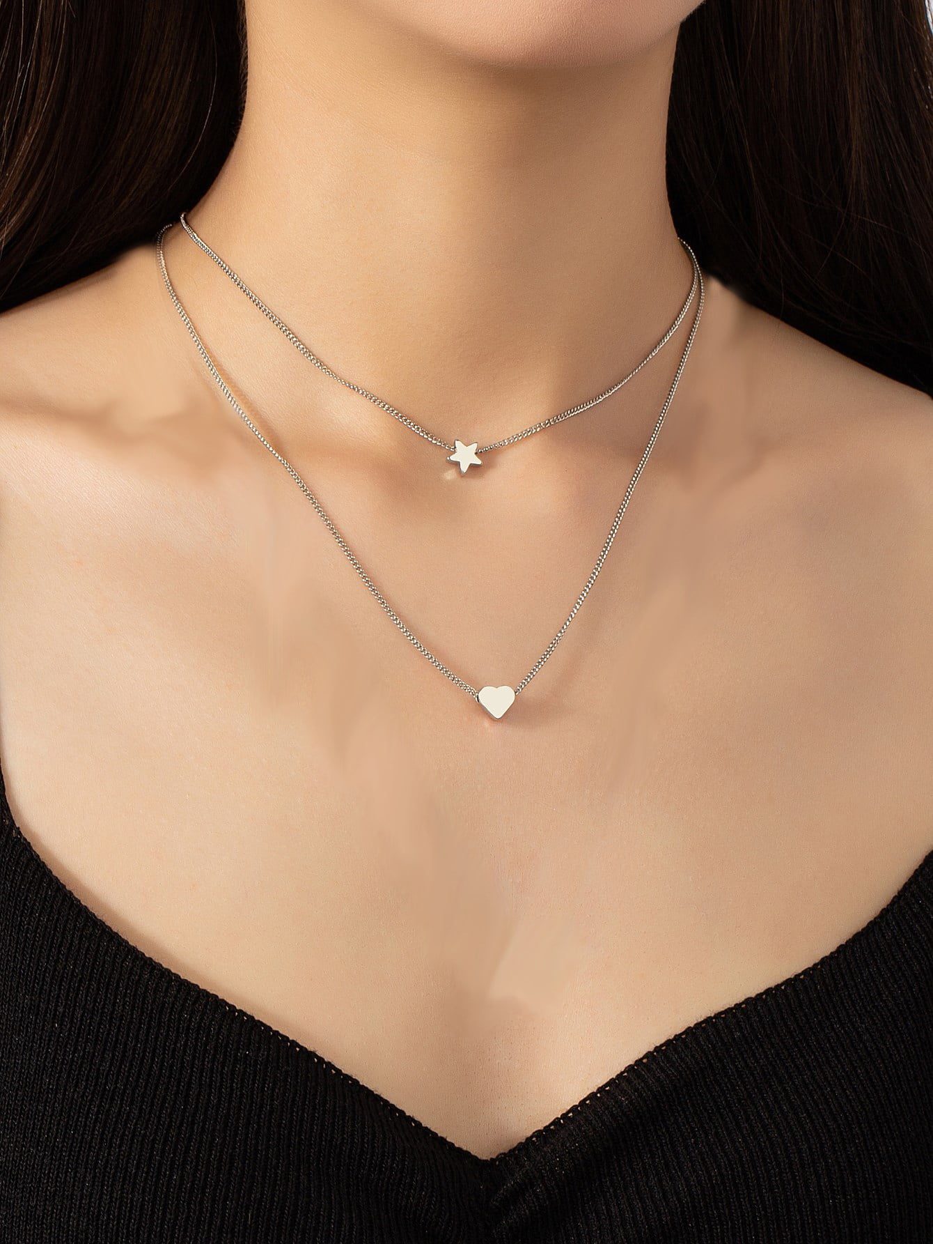 Toptan Gümüş Renk İk Katmanlı Yıldız Ve Kalp Kolye - 2129 1 Wholesale Silver Color Double Layered Star And Heart Necklace - 2129