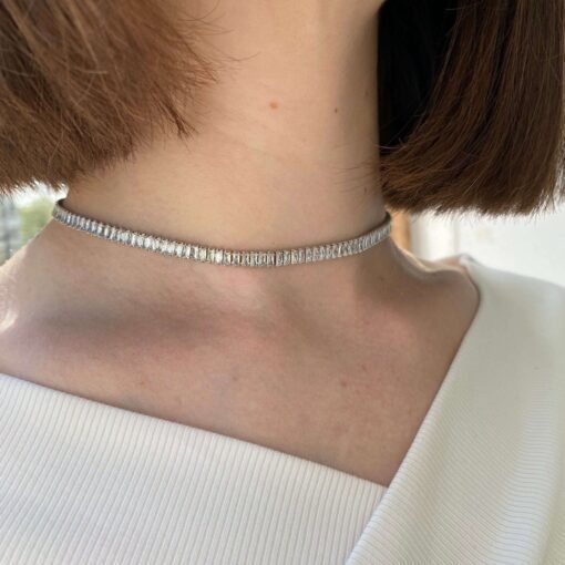 Toptan Gümüş Renk Zirkon Baget Taşlı Choker Kolye - 2115 – Image 3