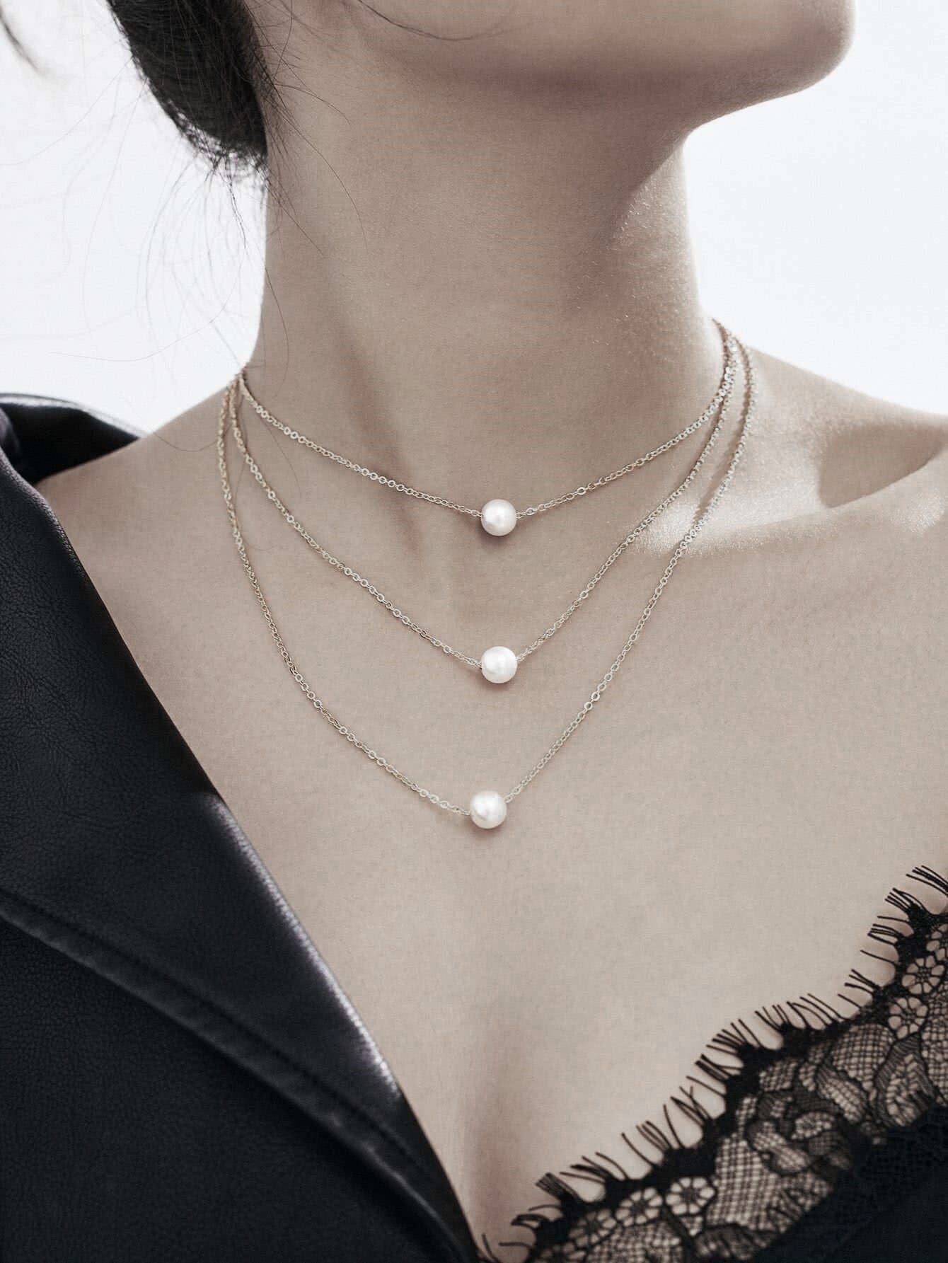 Wholesale Silver Color Three Layered Three Pearl Necklace - 2127 1 Wholesale Silver Color Three Layered Three Pearl Necklace - 2127