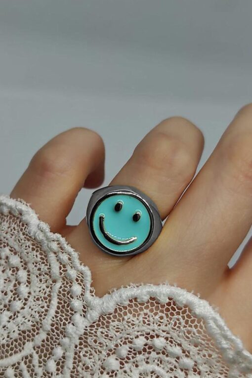 Großhandel Silber Farbe Türkis emailliert Smiley Face Ring einstellbar einstellbar für jeden Finger - 2298