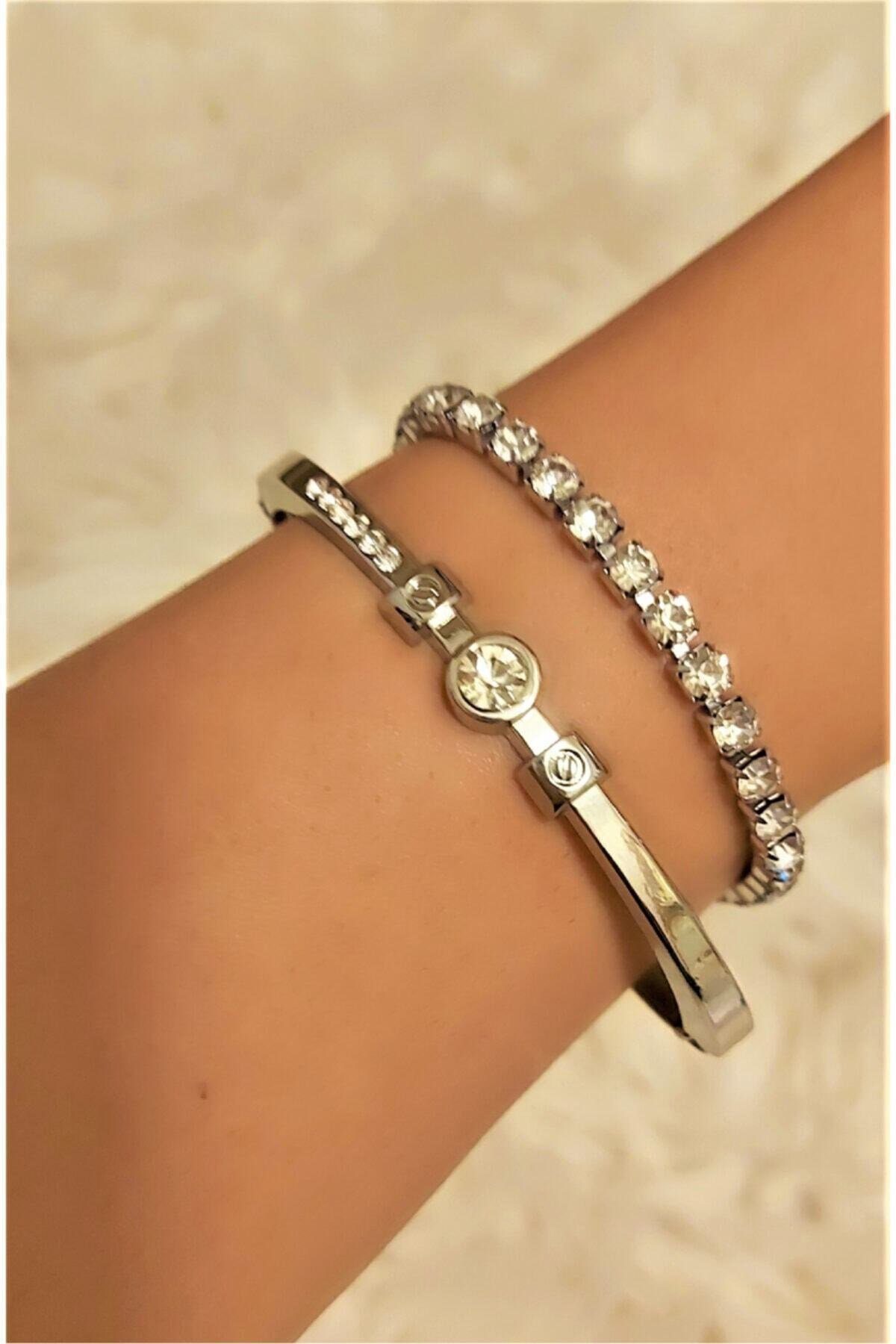 Toptan Gümüş Renk Sıra Taşlı Kelepçe Su Yolu Bileklik Set Kombin - 2401 1 Оптовая продажа серебряного цвета ряд камней манжета Waterway браслет набор комбинация - 2401