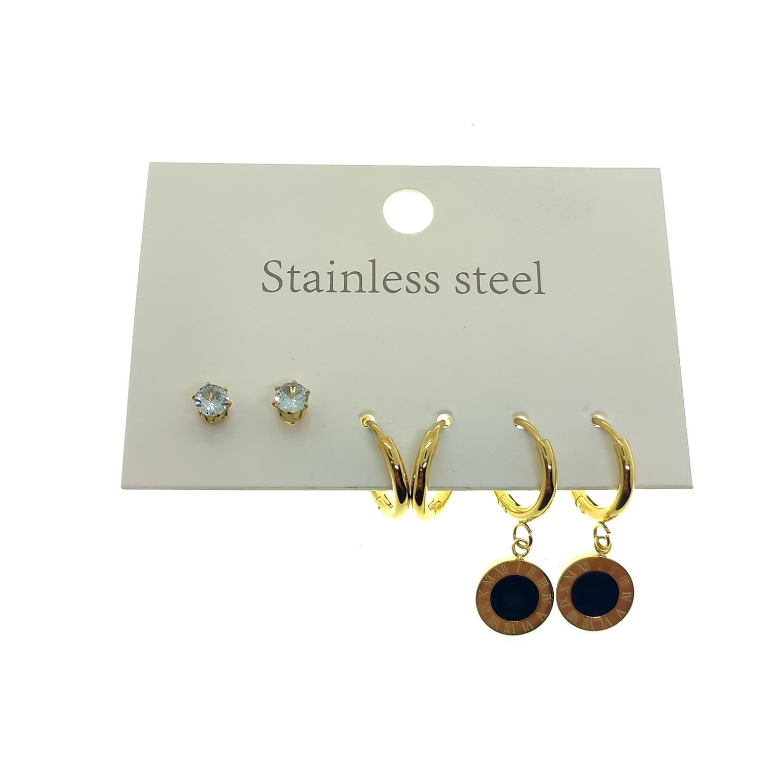 Toptan Altın Renk Tek Taş Halka Sallantılı Roma Çelik Küpe - 2563 1 Toptan Altın Renk Tek Taş Halka Sallantılı Roma Çelik Küpe - 2563