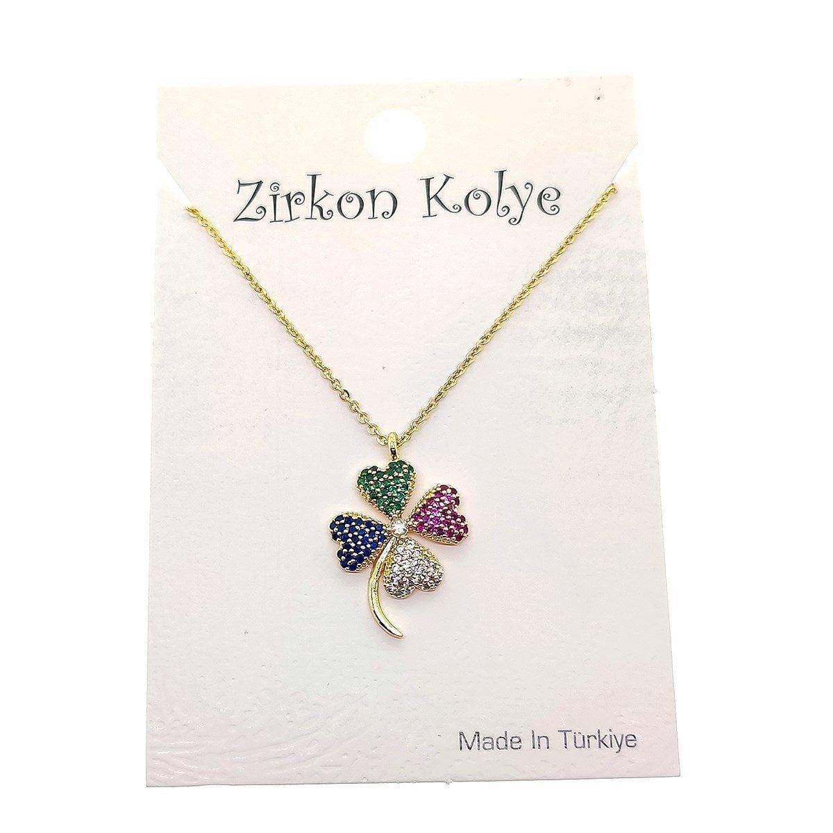 Toptan Altın Renk Renkli Yonca Model Zirkon Kolye - 2742 1 Toptan Altın Renk Renkli Yonca Model Zirkon Kolye - 2742