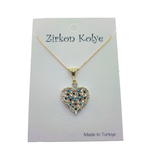 Toptan Altın Renk Baget Taş Kalp Model Zirkon Kolye - 2751