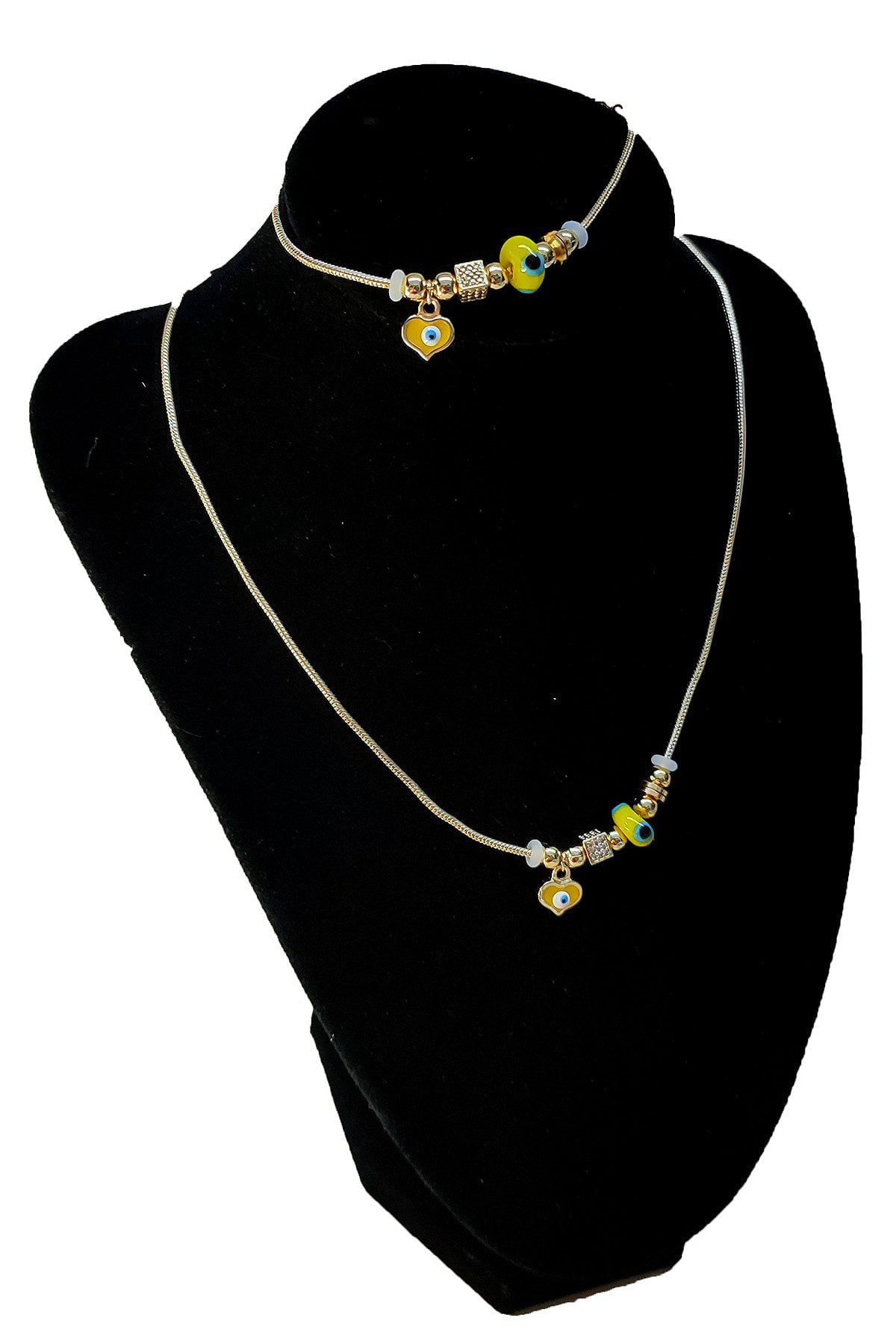 Toptan Altın Renk Sarı Mineli Kalp Kolye Ve Bileklik Pandora Kombin Zirkon Set Takım - 2783 1 Toptan Altın Renk Sarı Mineli Kalp Kolye Ve Bileklik Pandora Kombin Zirkon Set Takım - 2783