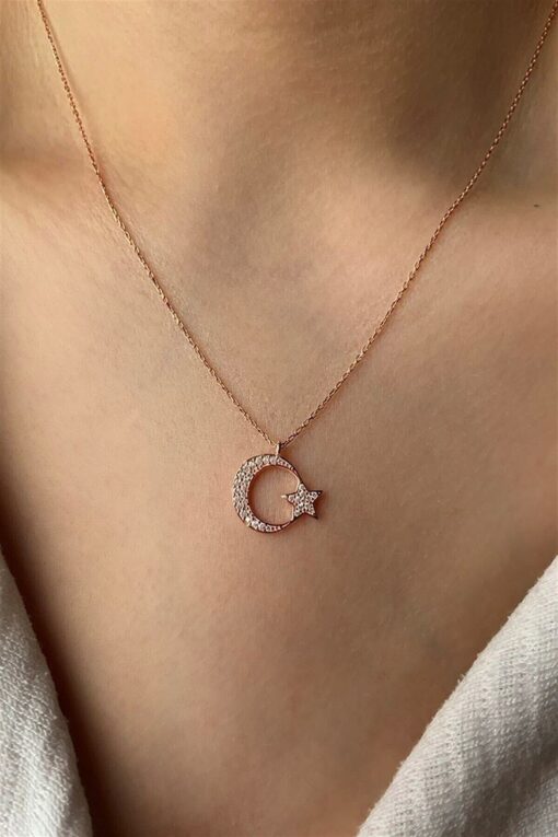Toptan Rose Renk Zirkon Taşlı Kolye Ay Yıldız Kolye 1089
