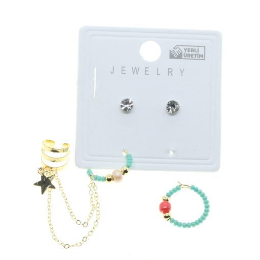 Wholesale Gold Color Round Cartilage Combination Turquoise Bead Earrings - 2851