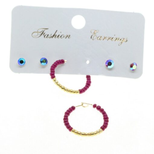 Wholesale Gold Color Combined Round Fuchsia Bead Earrings - 2826
