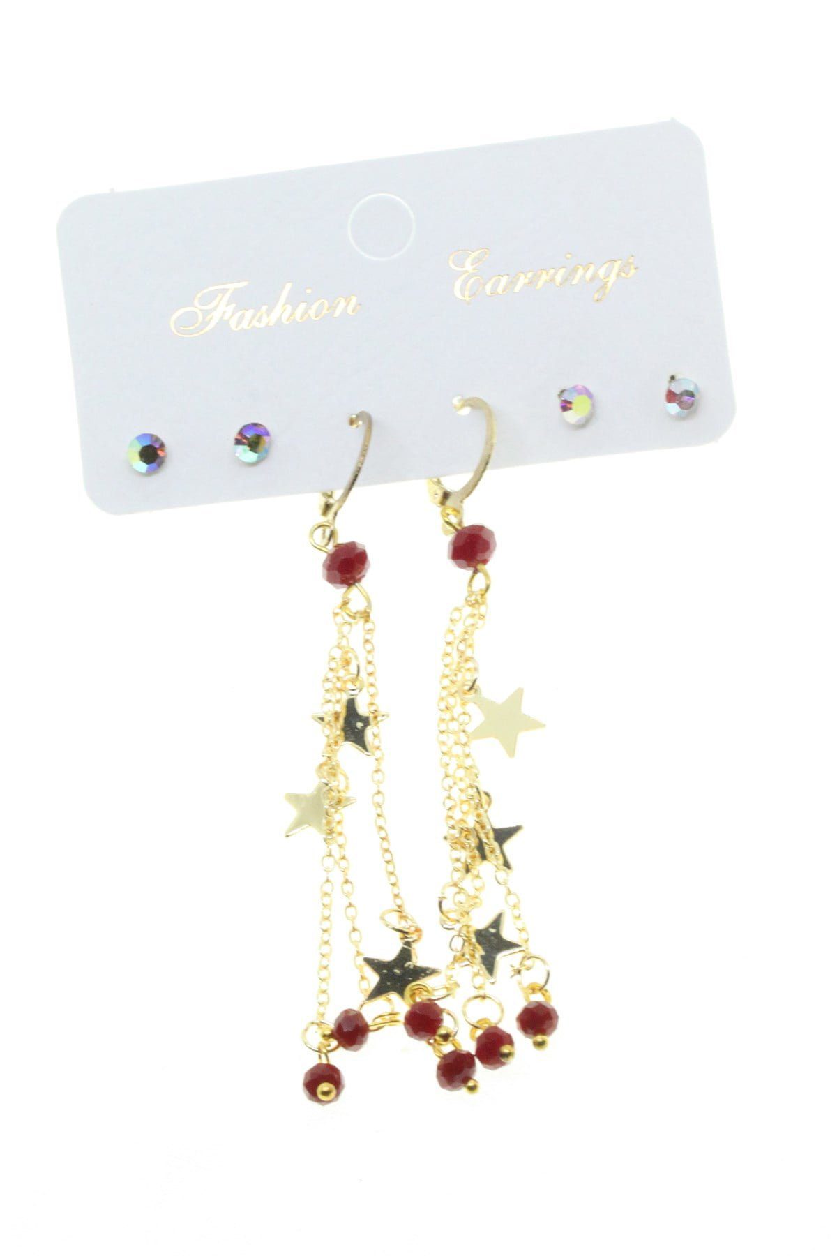 Wholesale Gold Color Star Tassel Combined Red Earrings - 2811 2 Toptan Altın Renk Yıldız Püsküllü Kombin Kırmızı Küpe - 2811 - Image 2