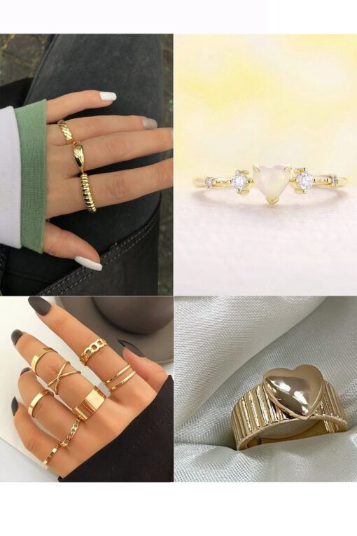 Toptan Altın Renk Zirkon Kalp 3 Lü Yüzük 10 Lu Eklem Ve Çizgili Kalp Kombin Yüzük Seti - 2917