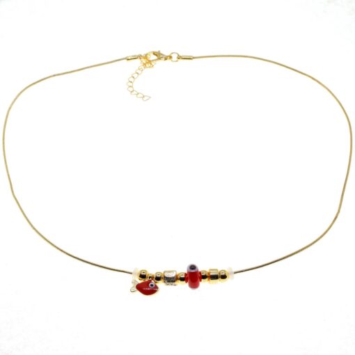 Grossiste Collier Pandora modèle Zircon avec poisson en émail rouge couleur or - 2986