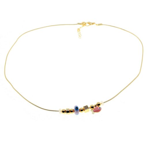 Grossiste Collier Pandora modèle Zircon avec poisson en émail rose couleur or - 2984