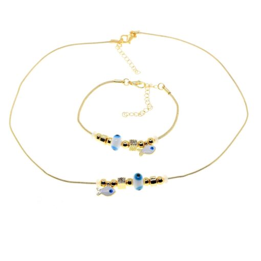 Grossiste Collier et Bracelet Pandora Poisson en émail blanc Couleur Or Ensemble Zircon Combiné - 2989