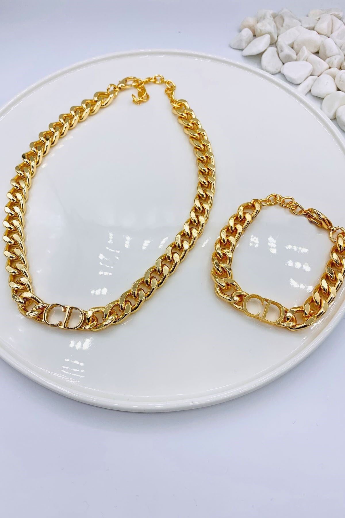 Wholesale Gold Color Combination CD Letter Christian Dior Model Thick Chain Necklace Bracelet Set - 3008 1 Wholesale Gold Color Combination CD Letter Christian Dior Model Thick Chain Necklace Bracelet Set - 3008