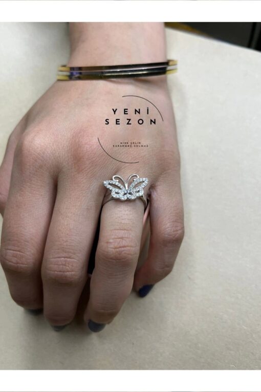 Toptan Gümüş Renk kelebek Model Zirkon Taşlı Model Ayarlanabilir Çelik Yüzük - 3084 – Image 2