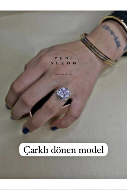 Toptan Gümüş Renk Mor Lotus Model Zirkon Taşlı Çelik Ayarlanabilir Ucu Dönen Çelik Yüzük - 3103 – Bild 2
