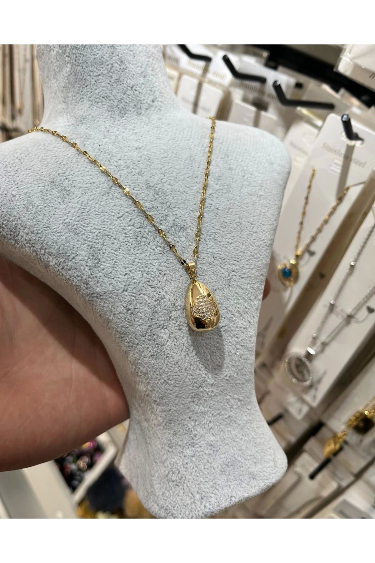 Toptan Altın Renk Singapur Zincirde Taşlı Göz Yaşı Bottega Model Vip Solmaz Kararmaz Çelik Kolye- 3054 1 Toptan Altın Renk Singapur Zincirde Taşlı Göz Yaşı Bottega Model Vip Solmaz Kararmaz Çelik Kolye- 3054