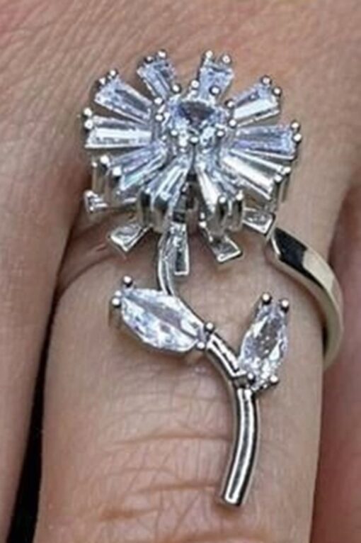 Bague rotative réglable en acier avec pierre de zircone, modèle marguerite argenté, vente en gros - 3118