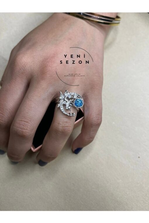 Toptan Gümüş Renk Mavi Küre Ve Unicorn Model Gezegen Zirkon Taşlı Çelik Ayarlanabilir Çelik Yüzük- 3098 - Görsel 2