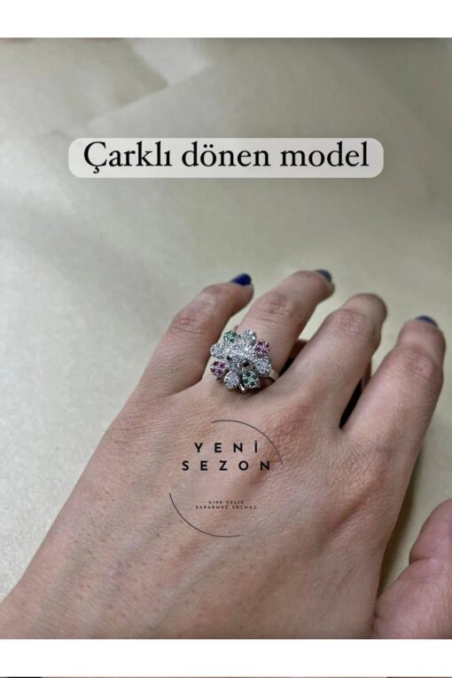 Toptan Gümüş Renk Yeşil Kırmızı Zirkon Taş İşlemeli Model Ucu Dönen Ayarlanabilir Çelik Yüzük - 3119 – Image 2
