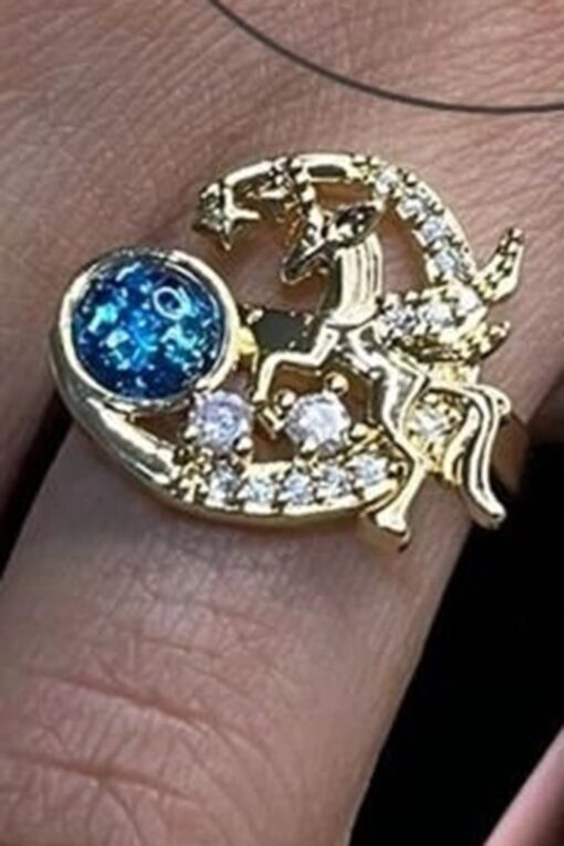 Toptan Altın Renk Mavi Küre Ve Unicorn Gezegen  Model Zirkon Taşlı Çelik Ayarlanabilir Çelik Yüzük - 3105