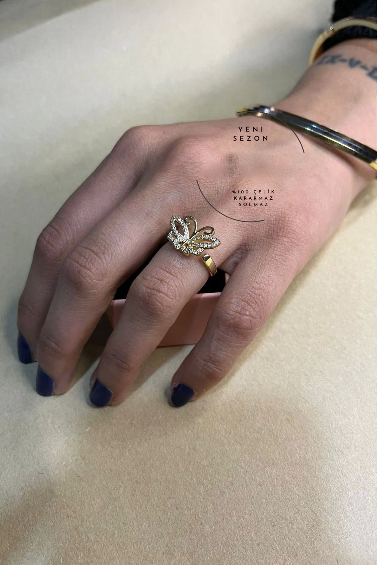 Toptan Altın Renk Kelebek Model Zirkon Taşlı Model Ayarlanabilir Çelik Yüzük - 3090 2 Toptan Altın Renk Kelebek Model Zirkon Taşlı Model Ayarlanabilir Çelik Yüzük - 3090 — изображение 2