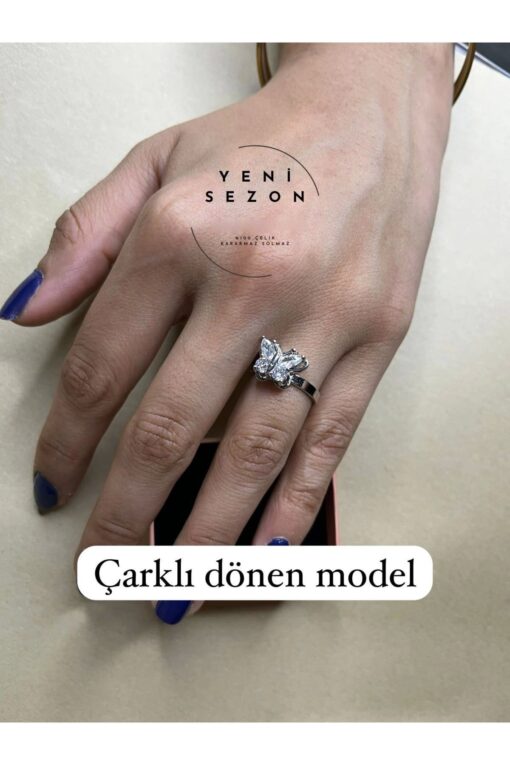 Toptan Gümüş Renk Kelebek Model Zirkon Taşlı Model Döner Ayarlanabilir Çelik Ucu Dönen Çelik  Yüzük - 3102 – Bild 2
