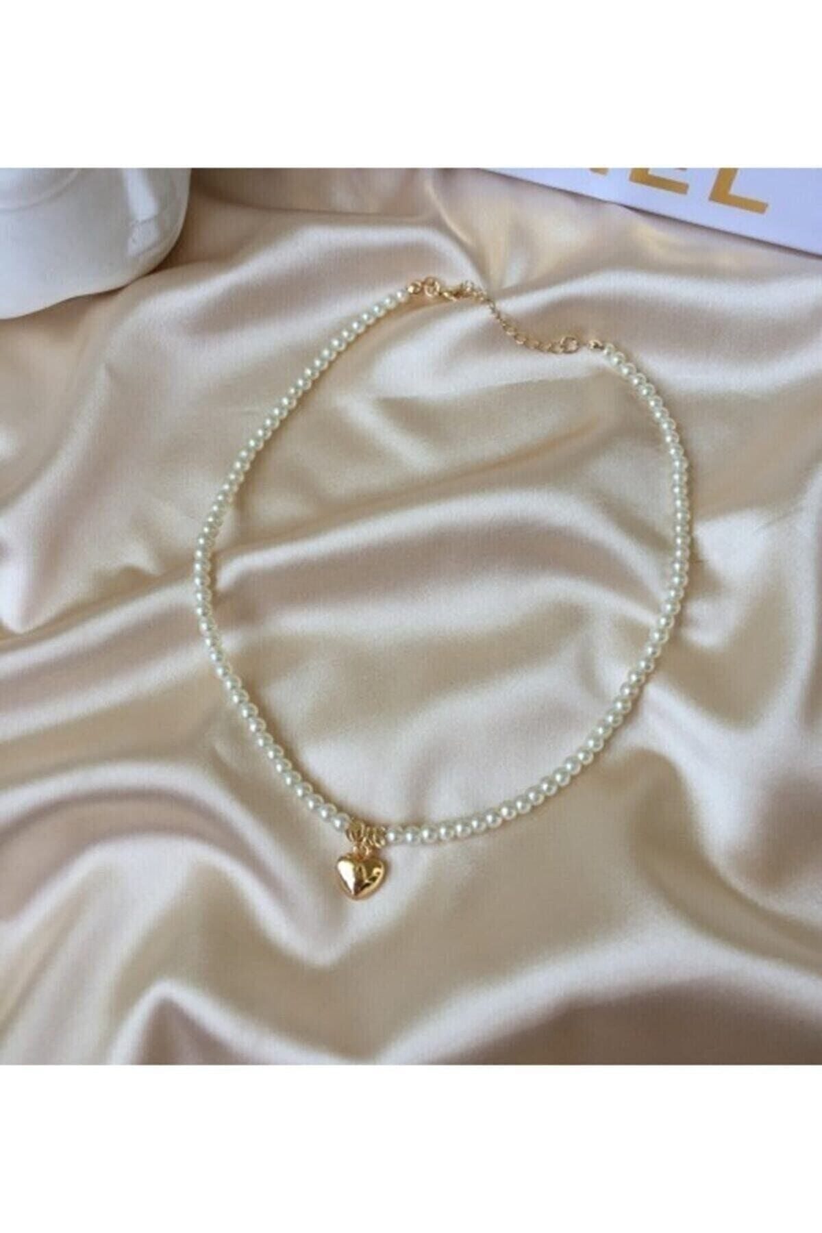 Toptan Altın Renk Incili Gold Kalp Uçlu Kolye - 3126 1 Оптовая продажа золотой цвет жемчуг золото сердце кулон ожерелье - 3126