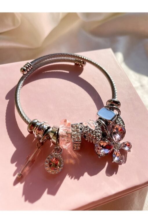 ⁦Toptan Gümüş Renk Kristal Pembe Kelebek Charmlı Pandora Çelik Bileklik -  3190⁩ - الصورة ⁦2⁩