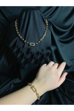 Toptan Altın Renk Tiffany Zincir Zirkon Taşlı Kolye Bileklik Küpe 3lü Zirkon Takım - 3204 25 7ea823850184467f80c0f829fd95695e