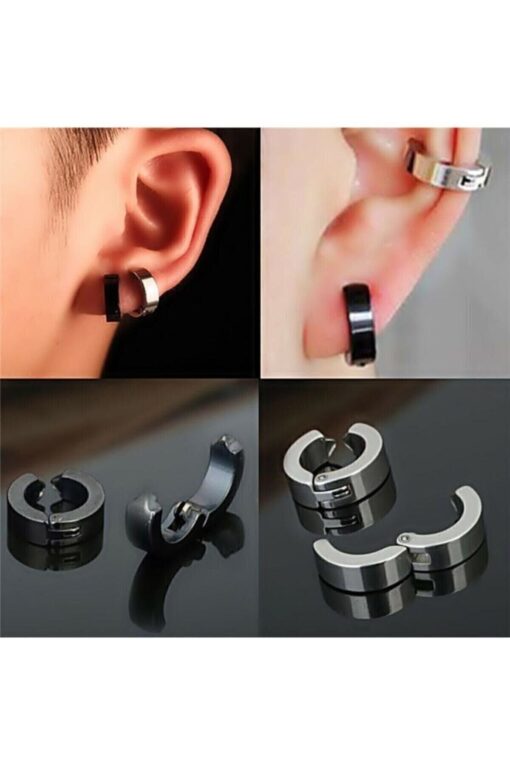 Boucles d'oreilles unisexes en acier à compression, non percées, lot de 2 pièces noires, 2 pièces argentées et 4 pièces - 3187