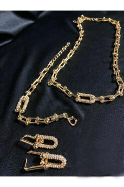 Toptan Altın Renk Tiffany Zincir Zirkon Taşlı Kolye Bileklik Küpe 3lü Zirkon Takım - 3204 24 c1226ed3c83b403ebae65a81a49028f6