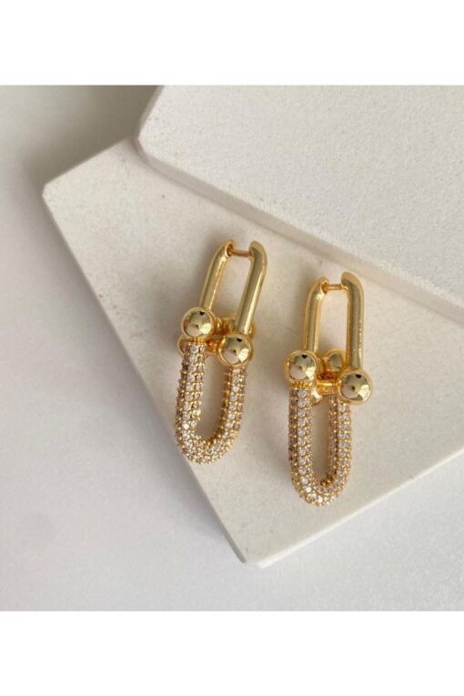 Toptan Altın Renk Zirkon Taşlı Tiffany Blanca Zirkon Küpe  - 3205