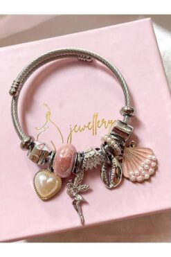 Bracelet Pandora en acier inoxydable avec breloque coquillage rose argentée - 3159